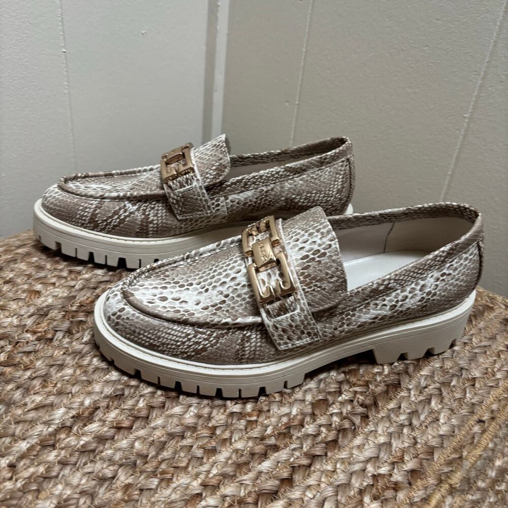 ALDO Danrose Snake Print Platform Loafers Gold Chain Link Chunky Heel size 6.5 - Picture 3 of 5